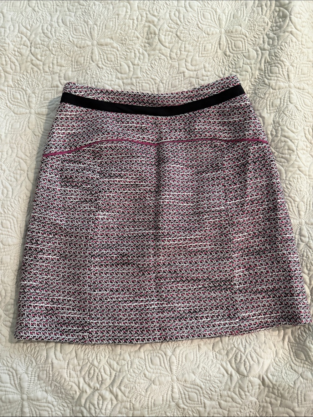 Halogen Pink and White Tweed Pencil Skirt with Black Waistband
